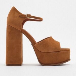 Zara Chunky Tan Platform Suede Heels 🍂 Fall